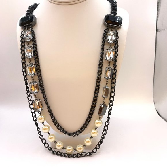 SAO Multi Strand Statement Necklace Black White Clear Fashion Jewelry J720 - Picture 2 of 5
